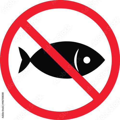 Red and black forbidden sign no fishing allowed with silhouette of fish and hook.