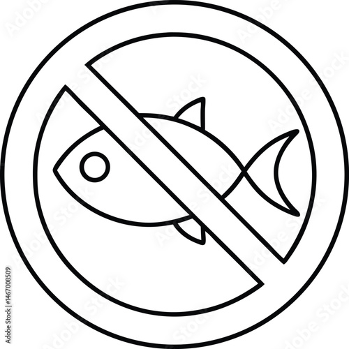 Red and black forbidden sign no fishing allowed with silhouette of fish and hook.