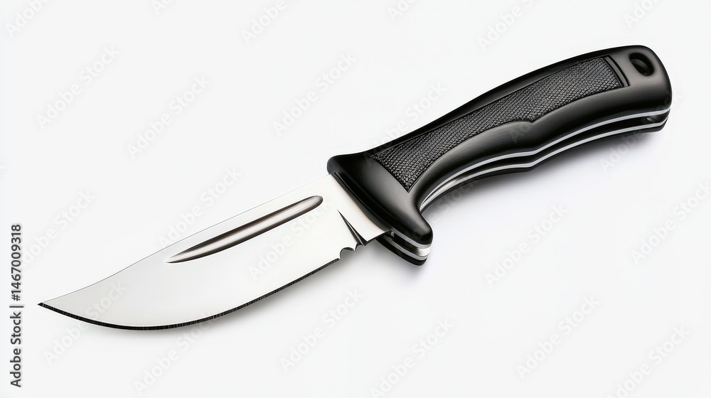 Fototapeta premium A shiny hunting knife with a black handle and a gleaming steel blade rests on a clean white surface, its edge reflecting the bright studio lighting perfectly.
