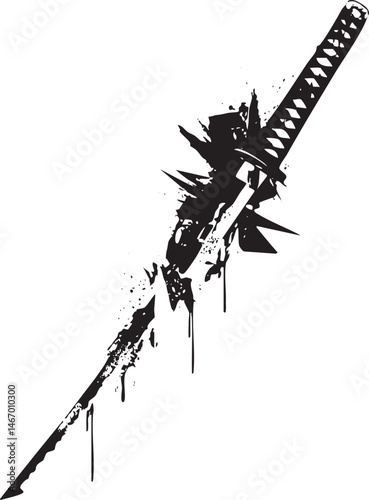 A shattered black katana lies broken on a white background.