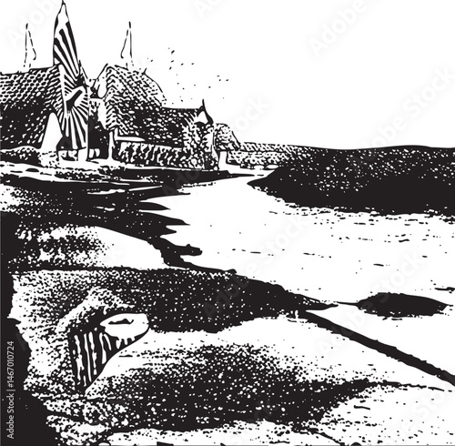 A black and white depicts a distant overlooking a serene coastal landscape.