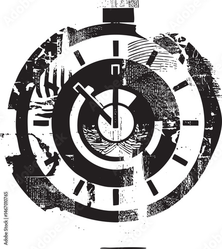 A distressed circular clock face displays hands pointing to various times.