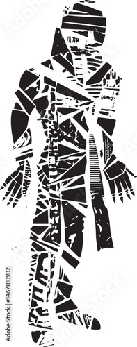 A solitary figure is fragmented and depicted in a geometric style.