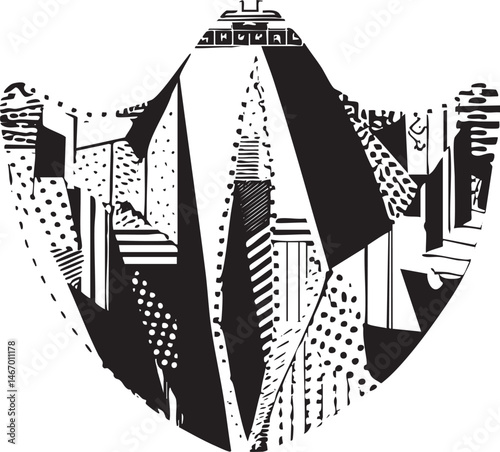 A stylized black and white depicts a towering geometric structure incorporating architectural elements.
