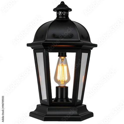 A vintagestyle black wall lantern with glass panels and a glowing bulb featuring an ornate 