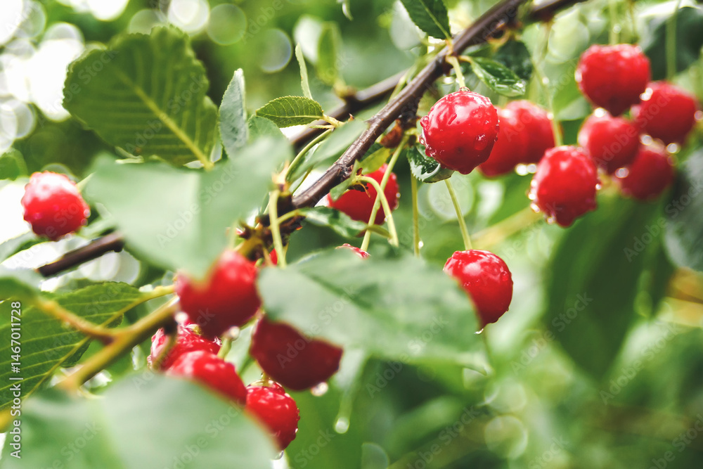 Obraz premium red cherry on a branch in the garden.