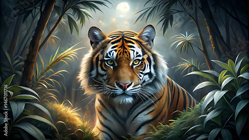 Majestic Tiger in a Mystical Jungle at Night