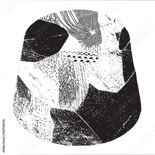A textured fragmented shape radiates outward with intricate .