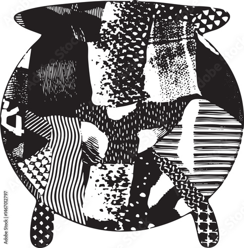 A stylized circular composed of layered black and white .