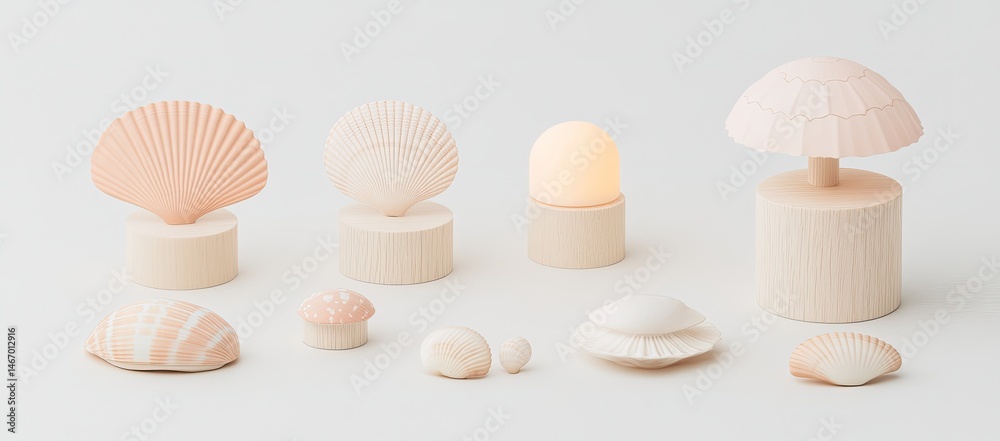 Seashell-shaped lamps and seashells Seashell-shaped lamps and seashells