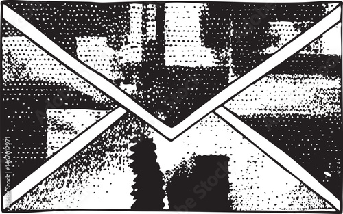 A stark black and white features an overlapping letterform intersecting a blurred landscape.