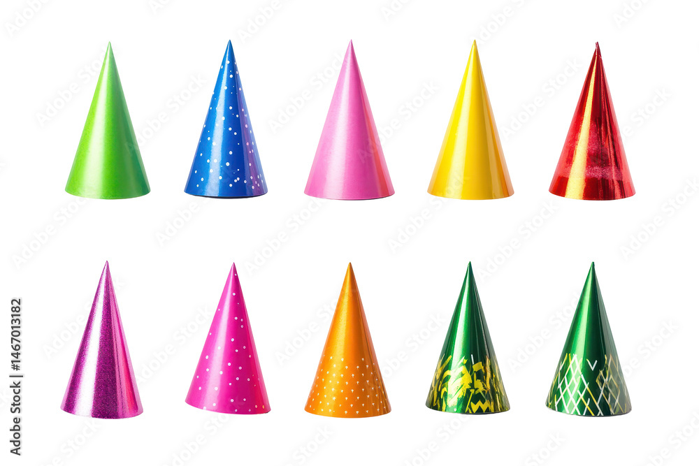 Party hats in bold colors that brighten up birthdays anniversaries and all festive occasions