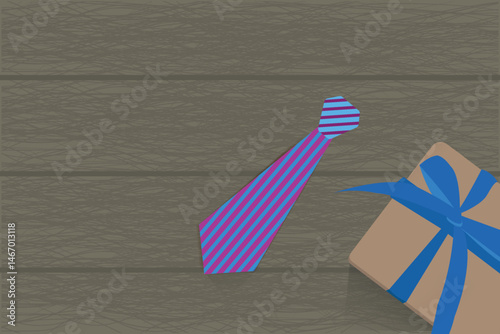 Father's Day background, necktie and gifts on wooden table, Greetings concept, vector illustration design background