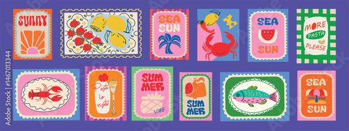 Italian summer mediterranean trendy postage stamps. Vector illustration of beach, lemons, sun, flowers, waves doodle, pasta, canned sardine, lobster, fish, sea for icons and stickers.	