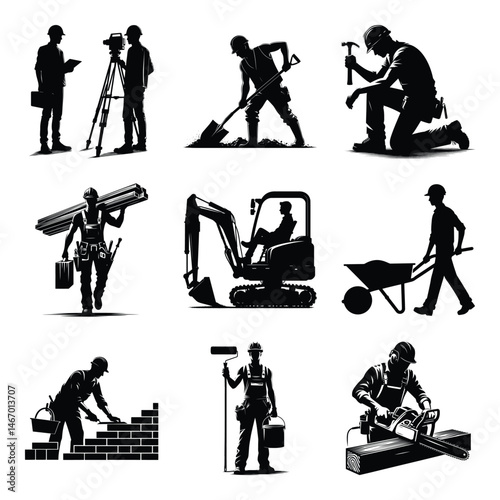 Different construction worker bundle set collection vector illustration isolated on a white background