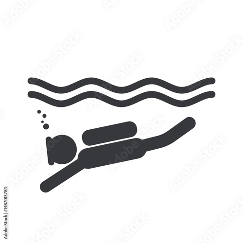 Isolated pictogram of scuba diving underwater with oxygen tank, diving mask, air bubbles. icon for sport and marine activities