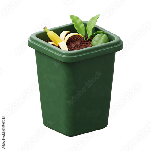 Green compost bin filled with organic food waste photo
