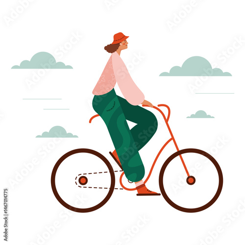 Stylish vector illustration of a woman riding a bicycle on a sunny day. Minimal flat design with soft colors and motion elements. Perfect for eco lifestyle themes, cycling promotions, wellness content