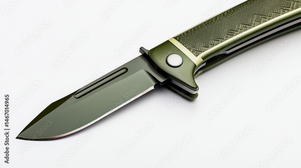 A close up view showcases a modern folding knife with a green textured handle and sleek blade, positioned on a pristine white surface, highlighting its design. A close up view showcases a modern folding knife with a green textured handle and sleek blade, positioned on a pristine white surface, highlighting its design.