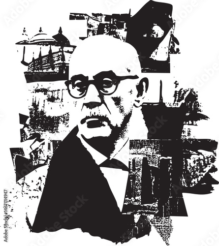A portrait of a man wearing glasses and a mustache surrounded by architectural fragments.