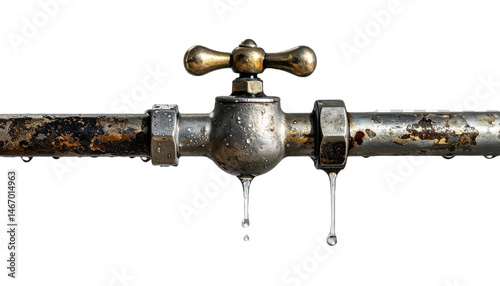 A closeup of a weathered vintagestyle metallic faucet dripping with moisture mounted on 