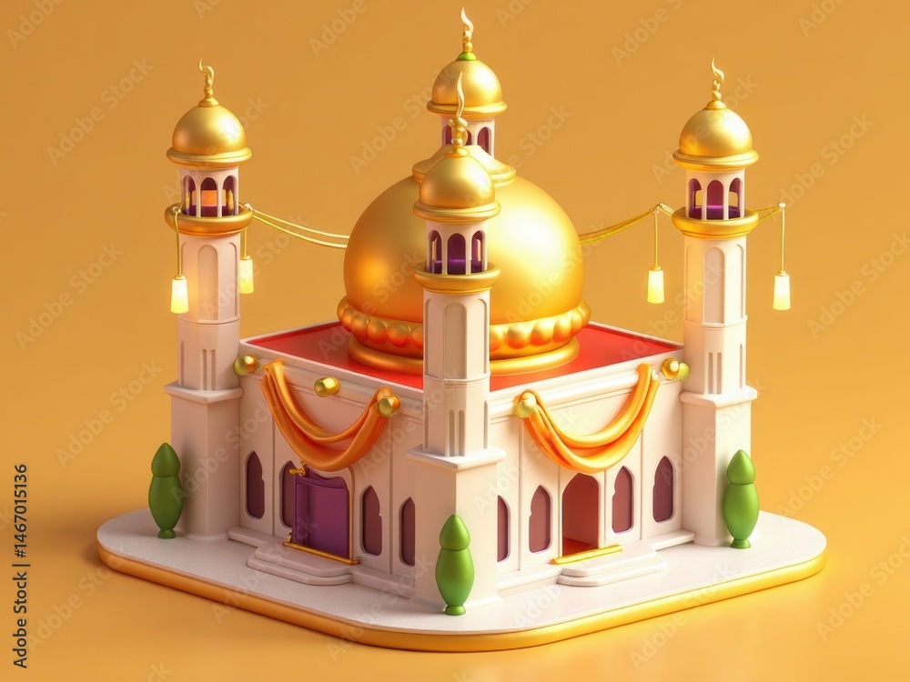 A cheerful 3D icon of a golden mosque with festive banners, glowing lanterns floating around its minarets in.