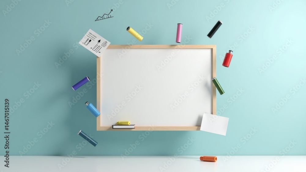 A 3D icon of a whiteboard with floating markers and a business plan sketch, clean and creative office concept .
