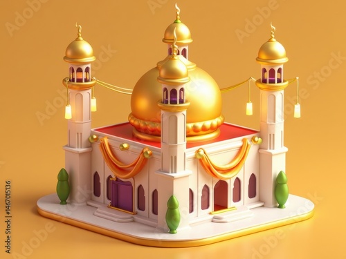 Obraz na płótnie A cheerful 3D icon of a golden mosque with festive banners, glowing lanterns floating around its minarets in. w salonie