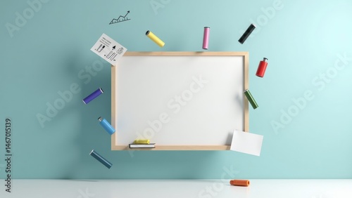 Obraz na płótnie A 3D icon of a whiteboard with floating markers and a business plan sketch, clean and creative office concept . w salonie
