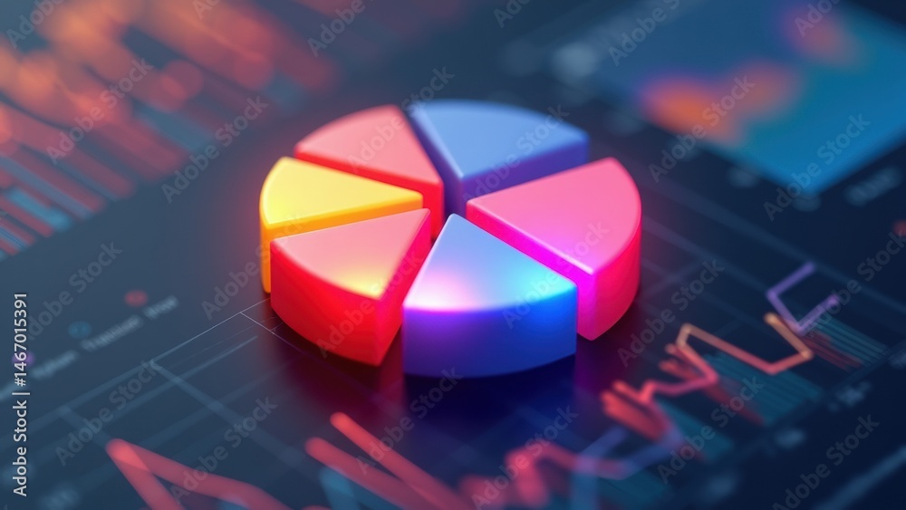 A 3D icon of a pie chart with glowing segments in corporate colors, hovering over a sleek dashboard, data visualization style. Financial business trends