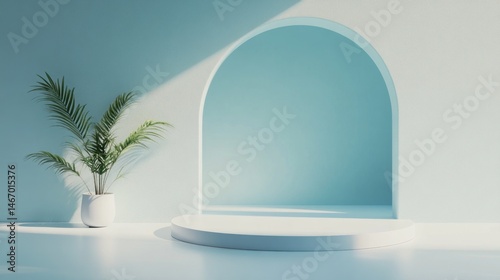 Minimalist blue room with arched niche, plant, and white podium.