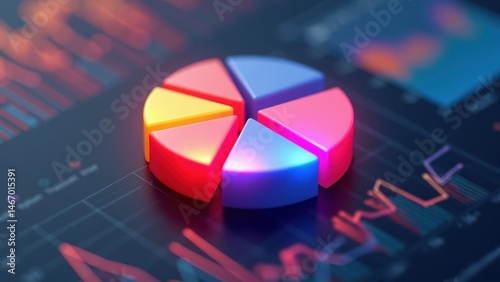 A 3D icon of a pie chart with glowing segments in corporate colors, hovering over a sleek dashboard, data visualization style. Financial business trends