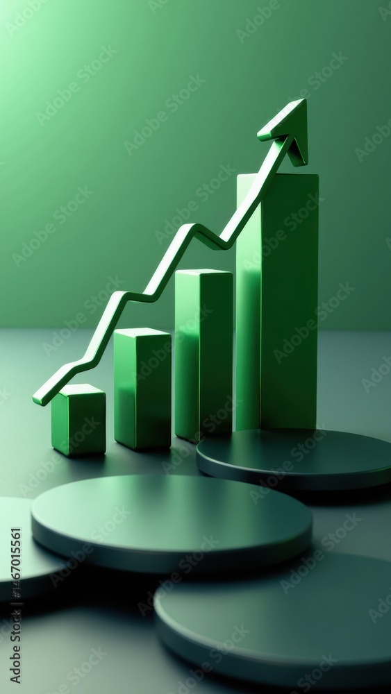 A dynamic 3D graph chart icon with rising bars in emerald green, floating above a dark interface, symbolizing business growth .