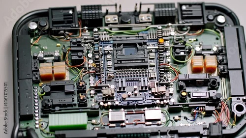 Closeup of detailed computer motherboard showcasing intricate electronic components and circuitry.