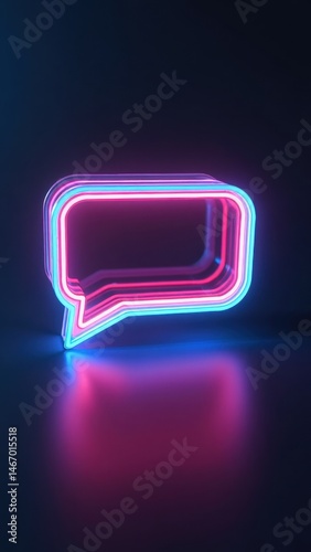 A neon-lit 3D message bubble icon with a slight transparency, glowing against a dark interface, cyberpunk aesthetic .