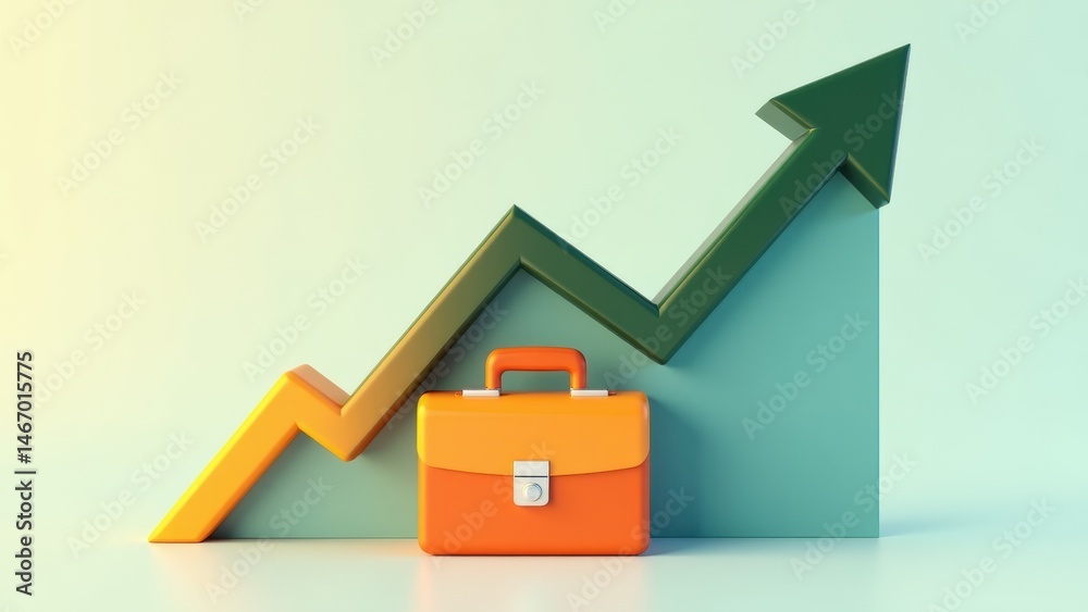A 3D icon of a rising stock arrow with a briefcase at the base, finance and success metaphor. upward investment portfolio