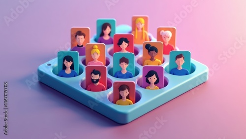 A 3D icon of a video call grid with tiny faces, modern remote work communication style .