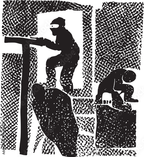 A solitary figure operates a large dark tool against a textured background.
