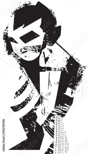 A stylized figure in formal attire holds a walking stick.