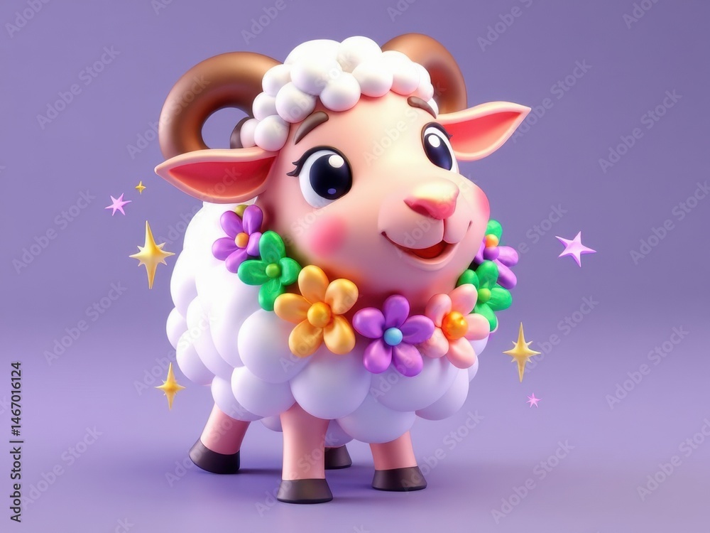 A playful 3D of a sheep wearing a floral garland with sparkling particles floating around it in.