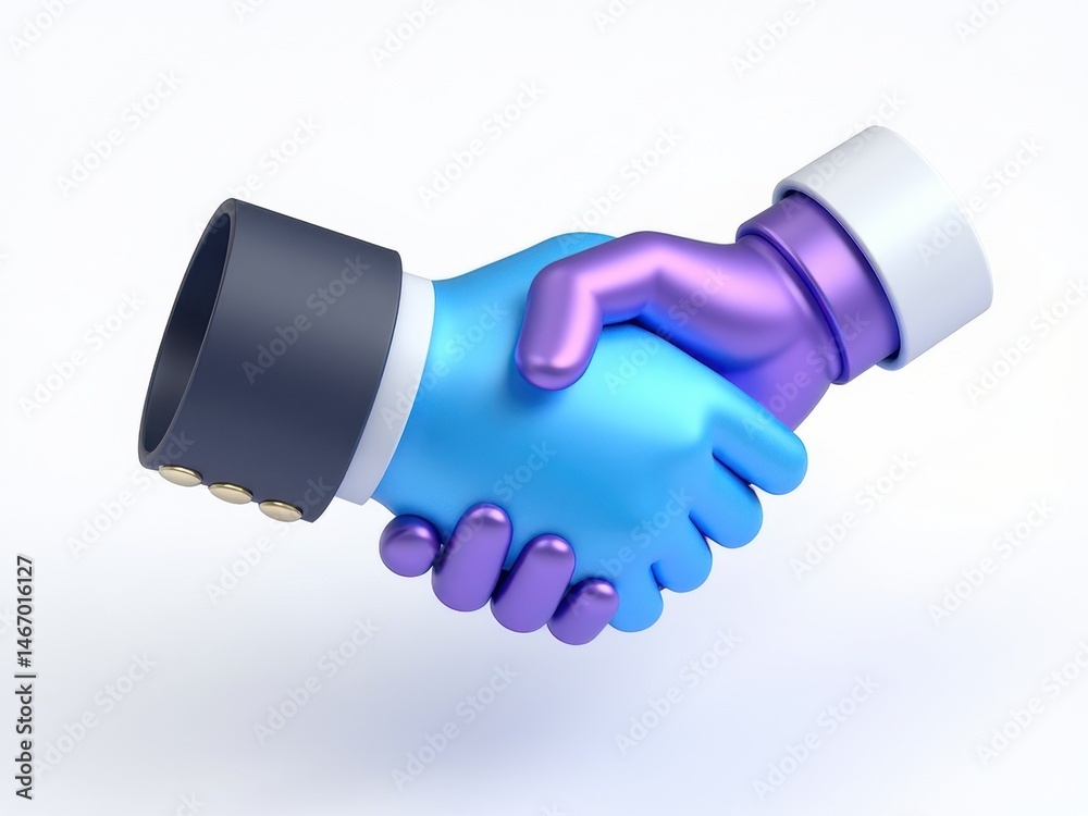 A sleek 3D icon of a handshake with a metallic blue gradient, symbolizing successful business deals, floating over a clean white background.