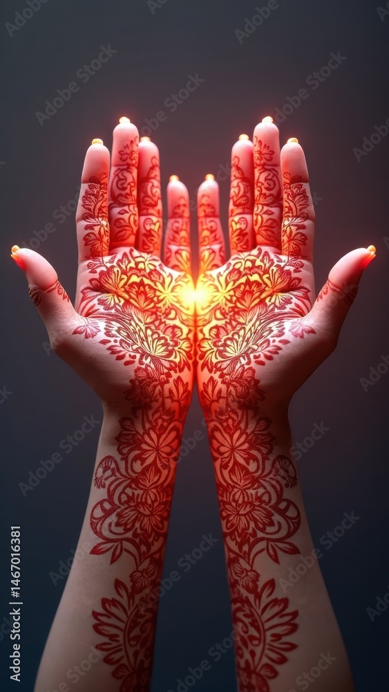 A cultural 3D of henna-adorned hands with glowing floral patterns that gently pulse with light in.