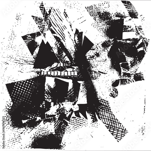 A fragmented portrait emerges from a textured black and white composition.