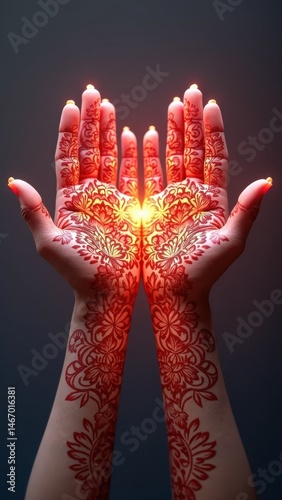 Obraz na płótnie A cultural 3D of henna-adorned hands with glowing floral patterns that gently pulse with light in. w salonie