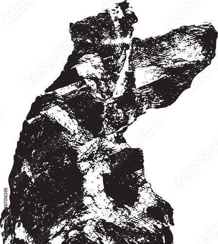 A weathered textured stone sculpture stands prominently against a stark white background.
