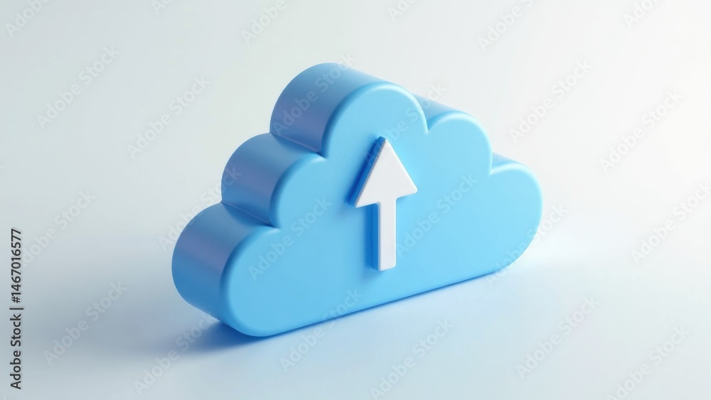 A minimalist 3D cloud upload icon with soft blue gradients, floating above a misty white background, serene and clean .