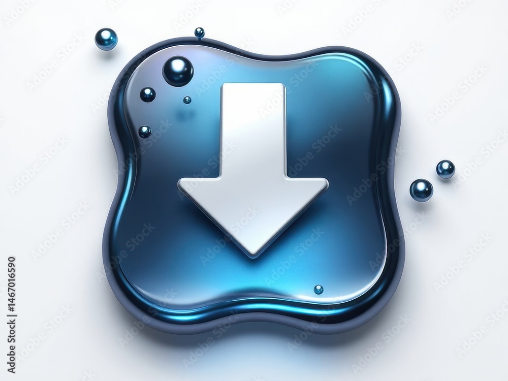A liquid-metal 3D download icon with melting droplet effect, silver and blue tones, high-tech appearance .