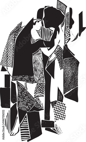 A solitary figure embraces a stylized geometric form.