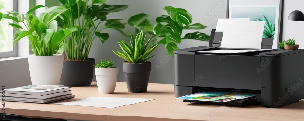 Sleek black printer, vibrant green plant on desk, document, minimal Sleek black printer, vibrant green plant on desk, document, minimal
