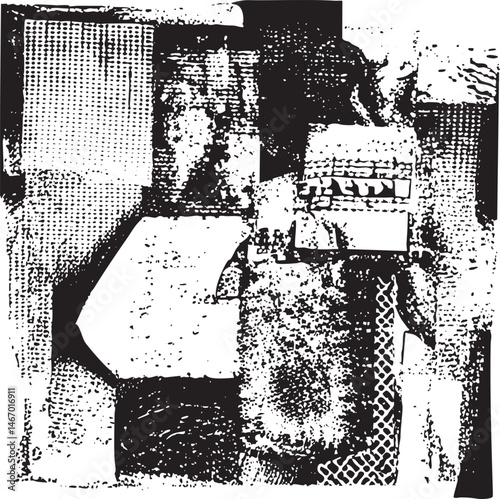 A solitary figure stands within a textured fragmented wall.